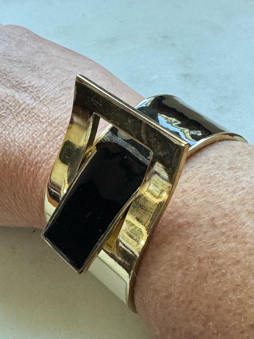 Gold-Tone Black and White Enamel Buckle Clamper Bracelet - Picture 7 of 11